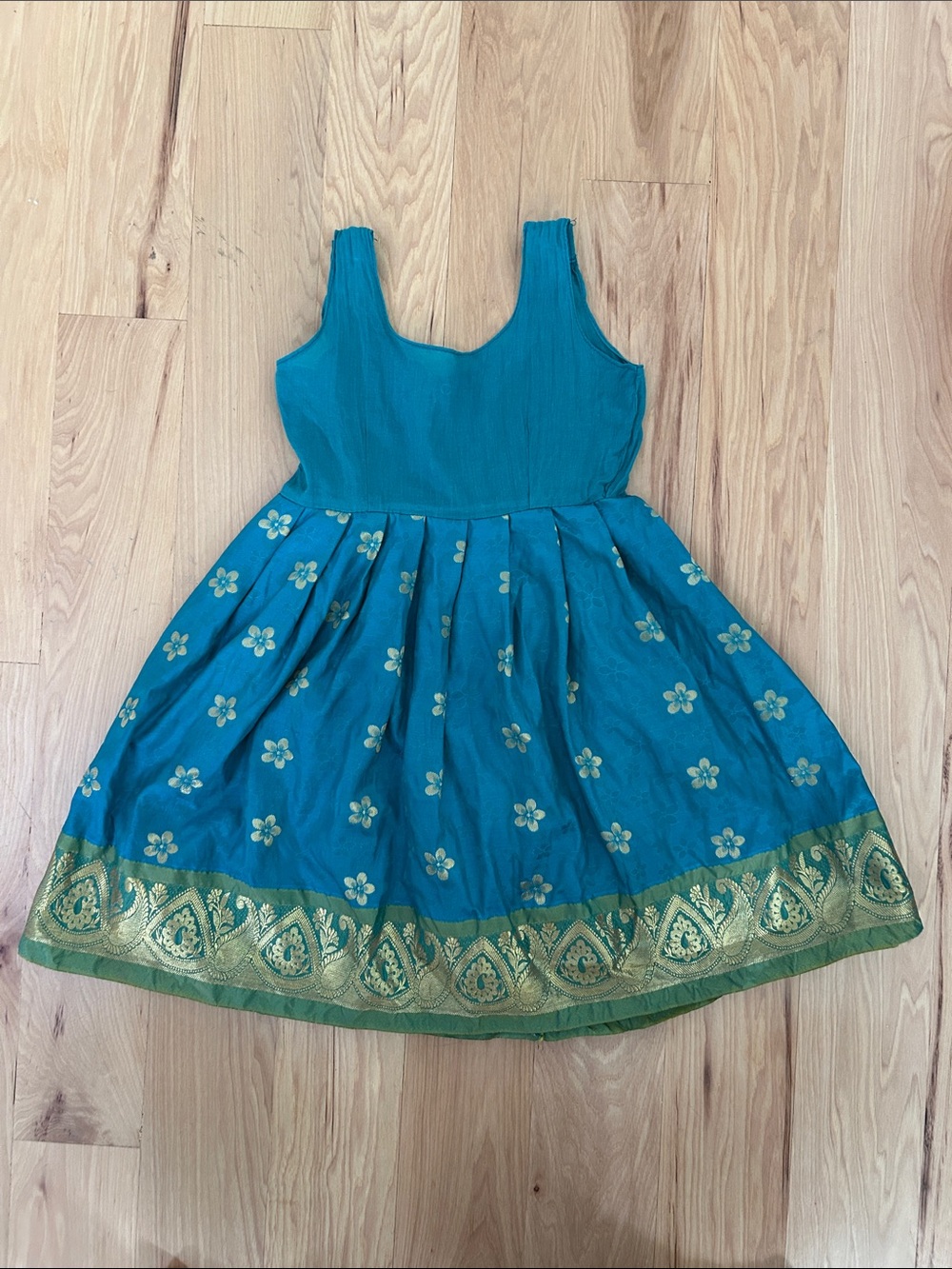 Girls Teal Party Dress with Gold Floral Border